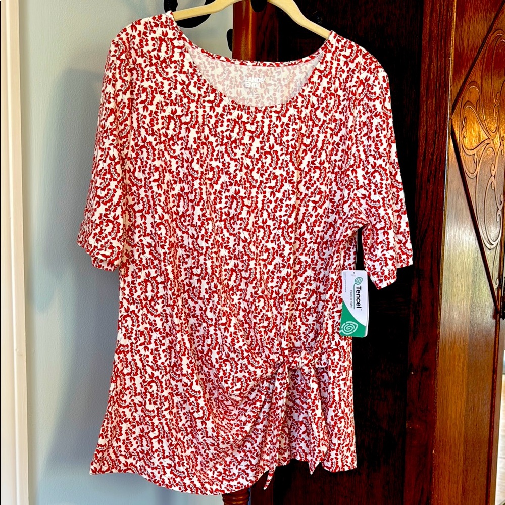 Lands End Red and White Floral Relaxed Tie Front T-Shirt size large